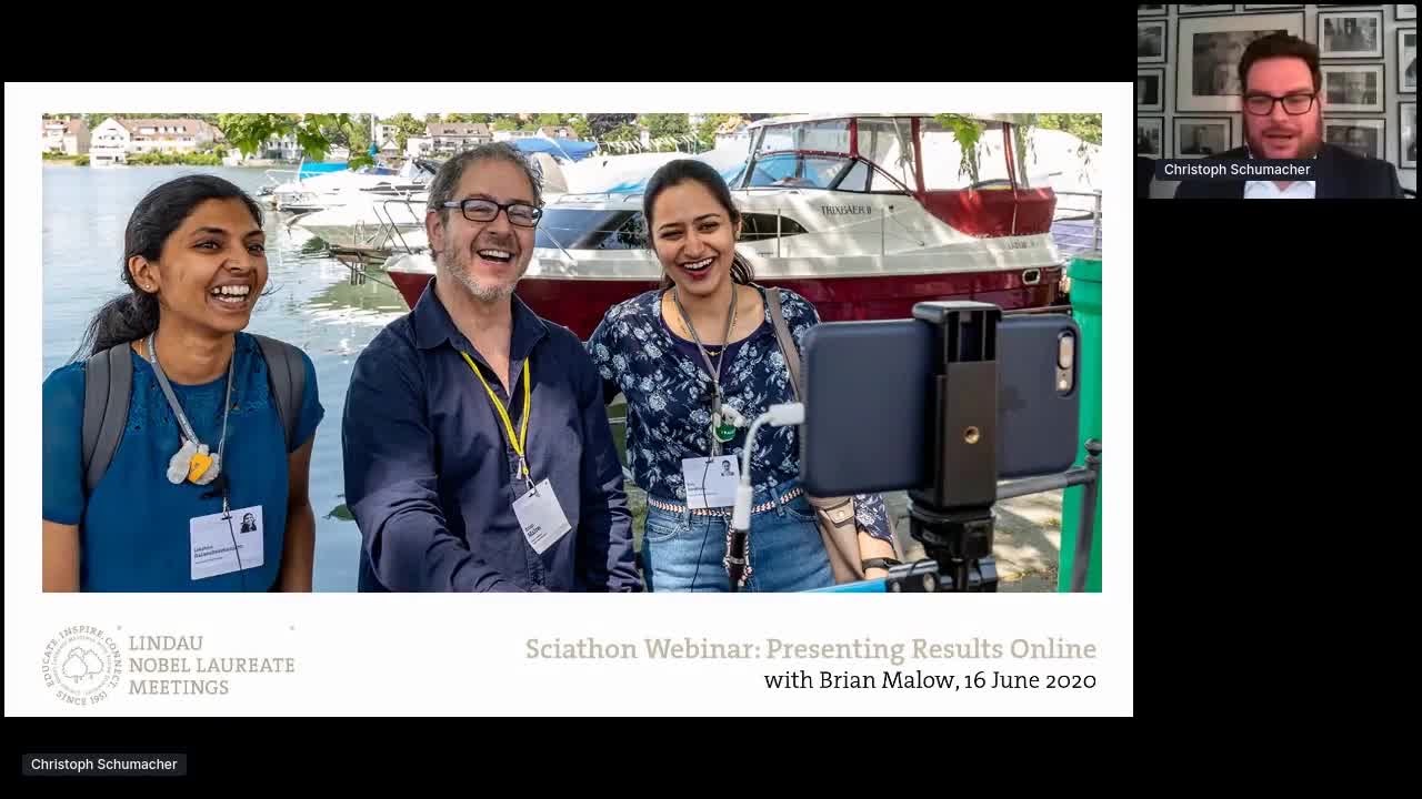 Sciathon Webinar: Presenting Results Online (2020) - Science comedian Brian Malow explains in this webinar how to share your research results in an enganging way with the general audience via video recordings.