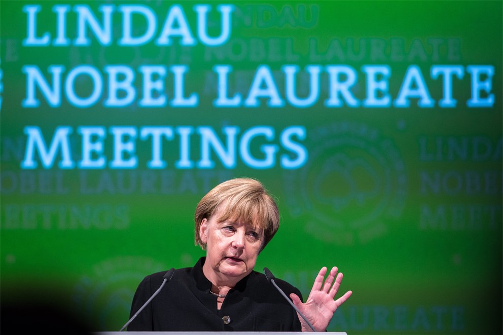 Chancellor Angela Merkel holding her keynote address at the 5th Liunau Nobel Laureate Meeting. 