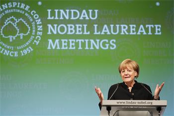 Chancellor Angela Merkel delivering her address at the 5th Meeting on Economic Sciences.